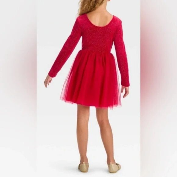 "NWT" Cat & Jack Girls Long Sleeve Shimmer Velour Tulle Dress - Dark Red- Large - Picture 2 of 12